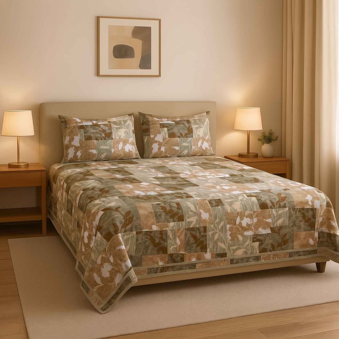 Sweethomee Ambient Pure Cotton Casement Queen Size Bedsheet Set with Matching Pillow Covers