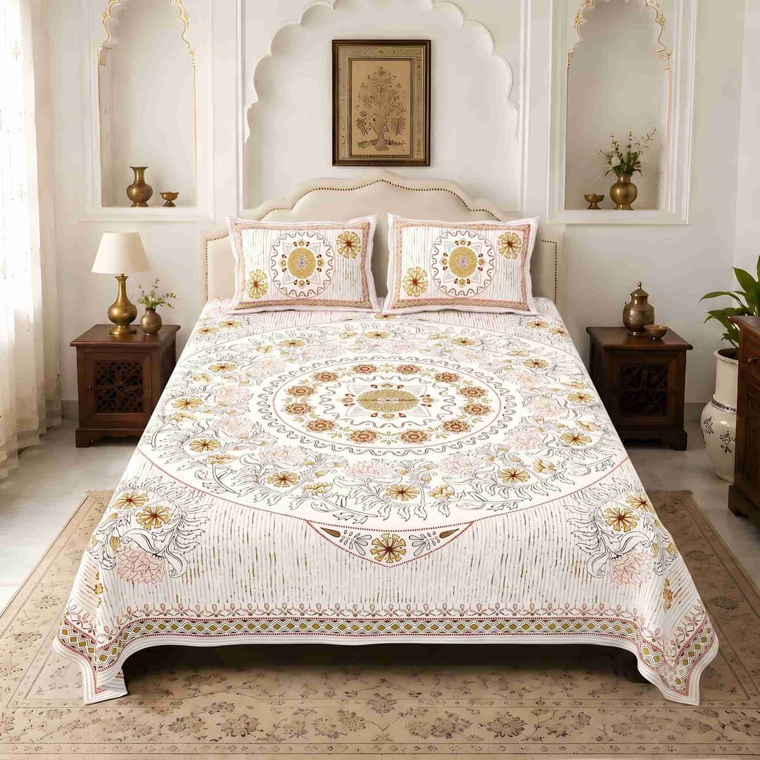 Sweethomee Boxo Jaipuri Print Pure Cotton King Size Bedsheet with Matching Pillow Covers
