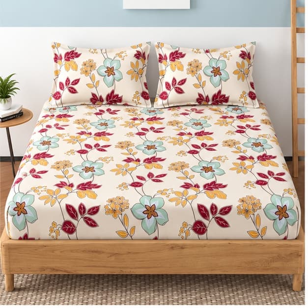 Sweethomee Amore Glace Cotton Fitted Queen Size Bedsheet with Pillow Cover | 72*78 Inches