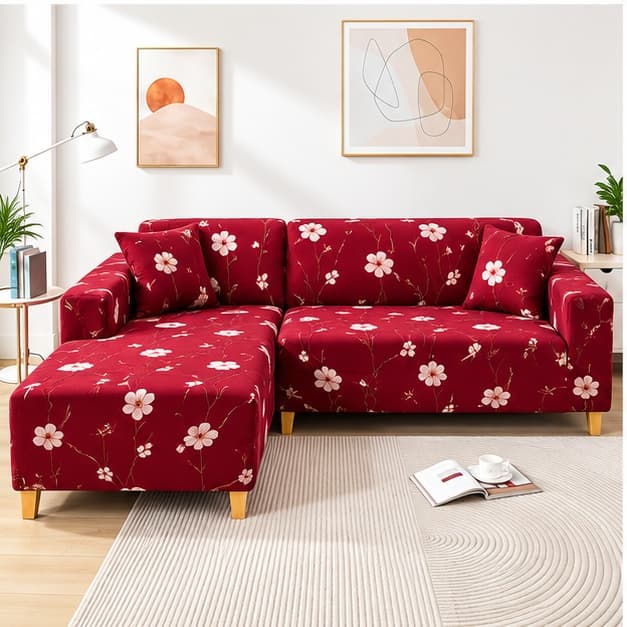 Sweethomee Floral Print Stretchable L-Shaped Sofa Cover Set | Premium 2-Piece Slipcover