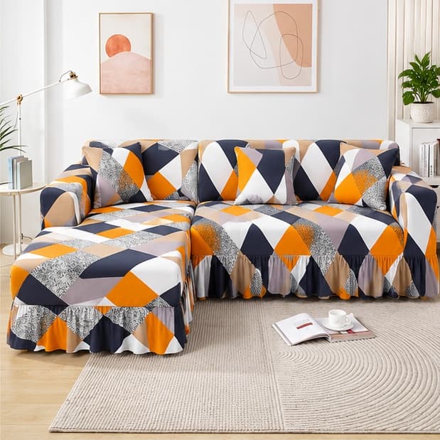 Sweethomee Geometric Print Stretchable L-Shaped Sofa Cover Set | Premium 2-Piece Slipcover