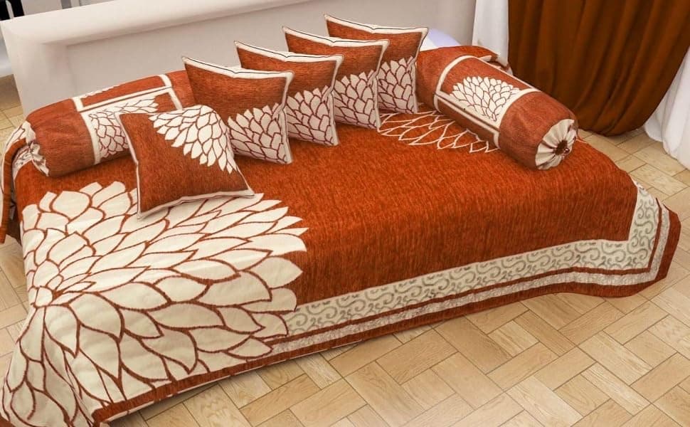 Sweethomee Chenille Floral 500 TC Diwan Set | 1 Single Bedsheet with 2 Bolster Covers and 5 Cushion Covers (8pc Set)