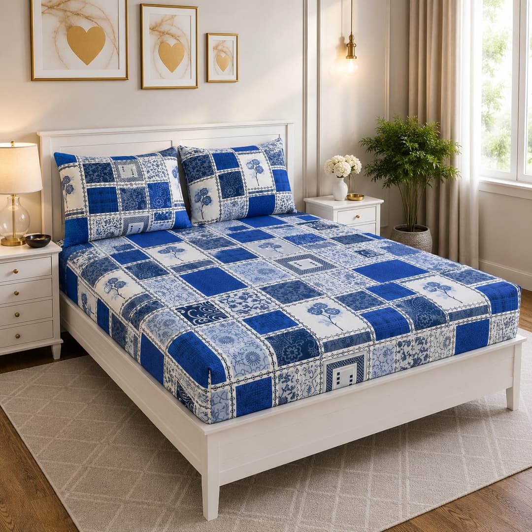 Sweethomee Presentia Printed Glace Cotton King Size Fitted Bedsheet with 2 Pillow Covers | King Size Fitted Bedsheet 108*108 Inches