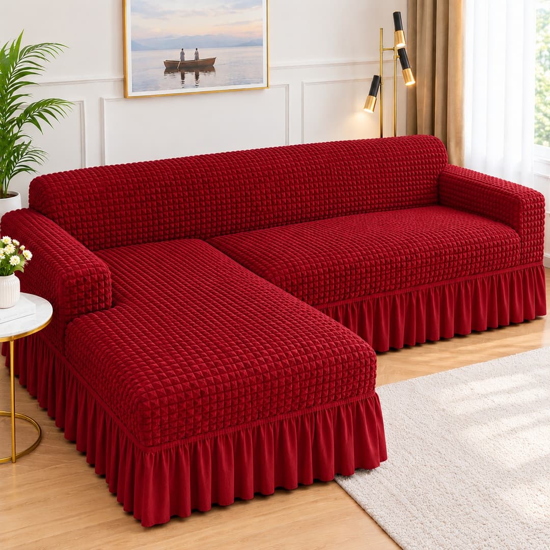 SweetHomee Premium Waffle Textured L-Shape Sofa Cover with Elegant Frill Design | Stylish Sectional Sofa Protector for Living Room