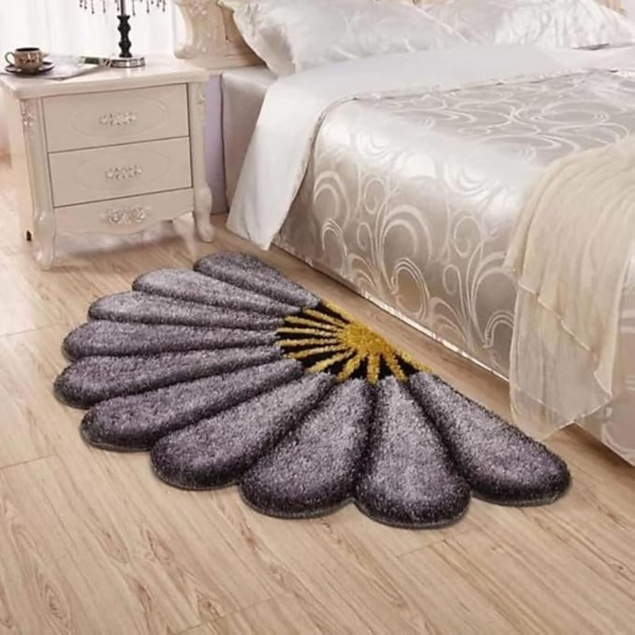Soft Silky Non-Slip Door Mat | Bedside Runner for Bedroom, Living Room | Half Sunflower Shape Bath Mat | Floor Runner