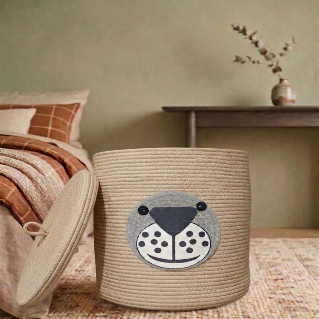 Cute Laundry Storage Bag with Lid - Beige
