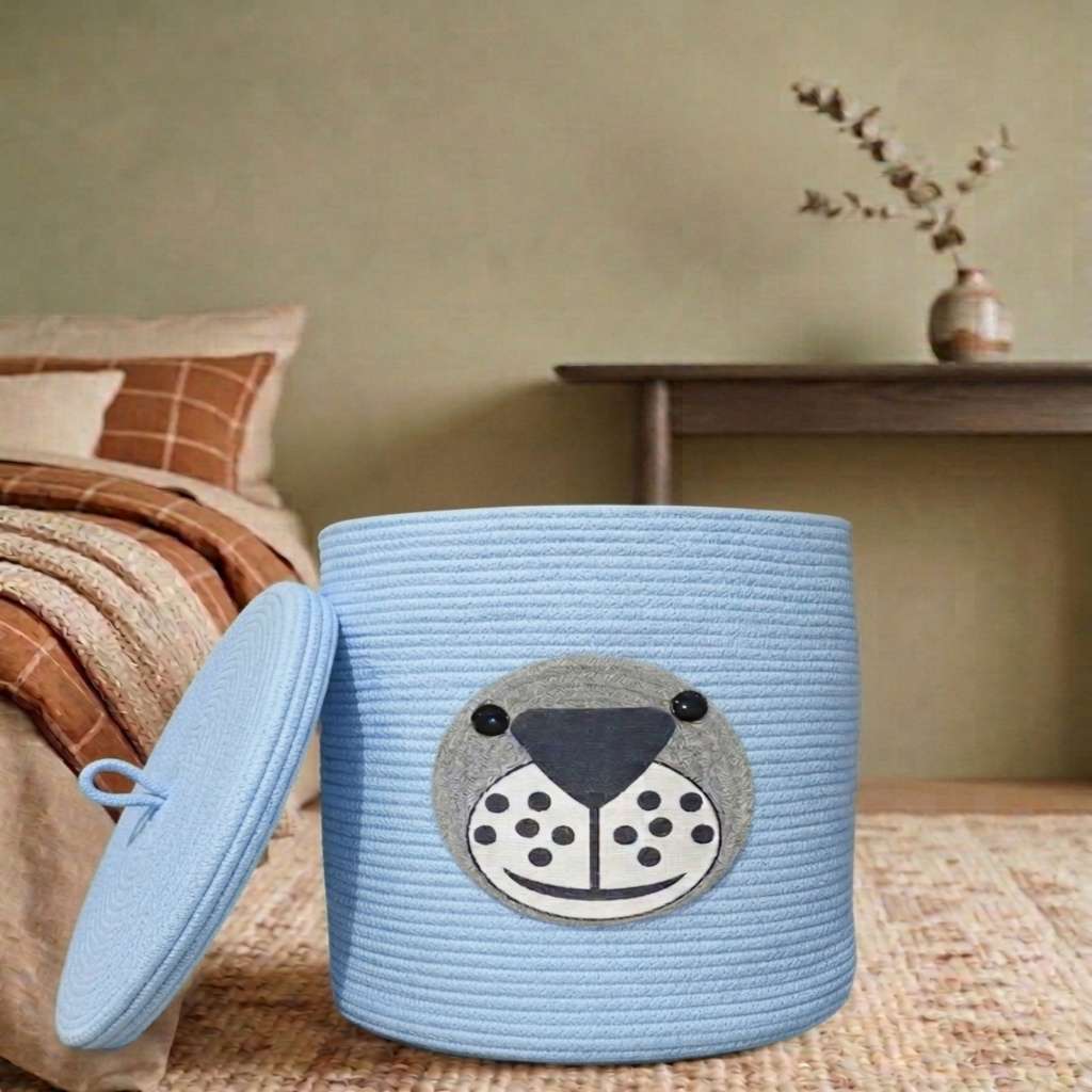 Cute Laundry Storage Bag with Lid - Blue