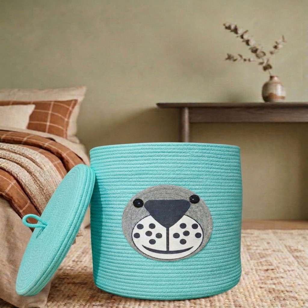 Cute Laundry Storage Bag with Lid - Blue