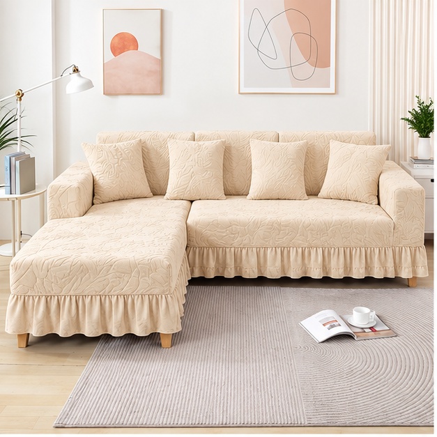 Premium Stretchable Frill Embossed L-Type Sofa Cover Set | Sweethomee